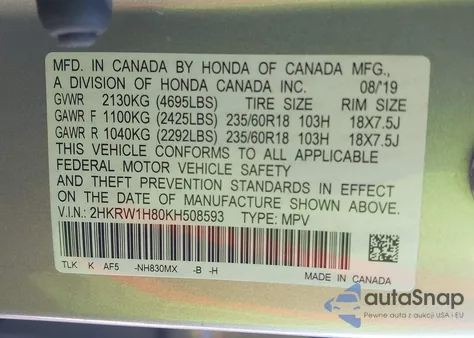 2019 Honda Cr-V Ex-L from USA, damaged, VIN 2HKRW1H80KH508593